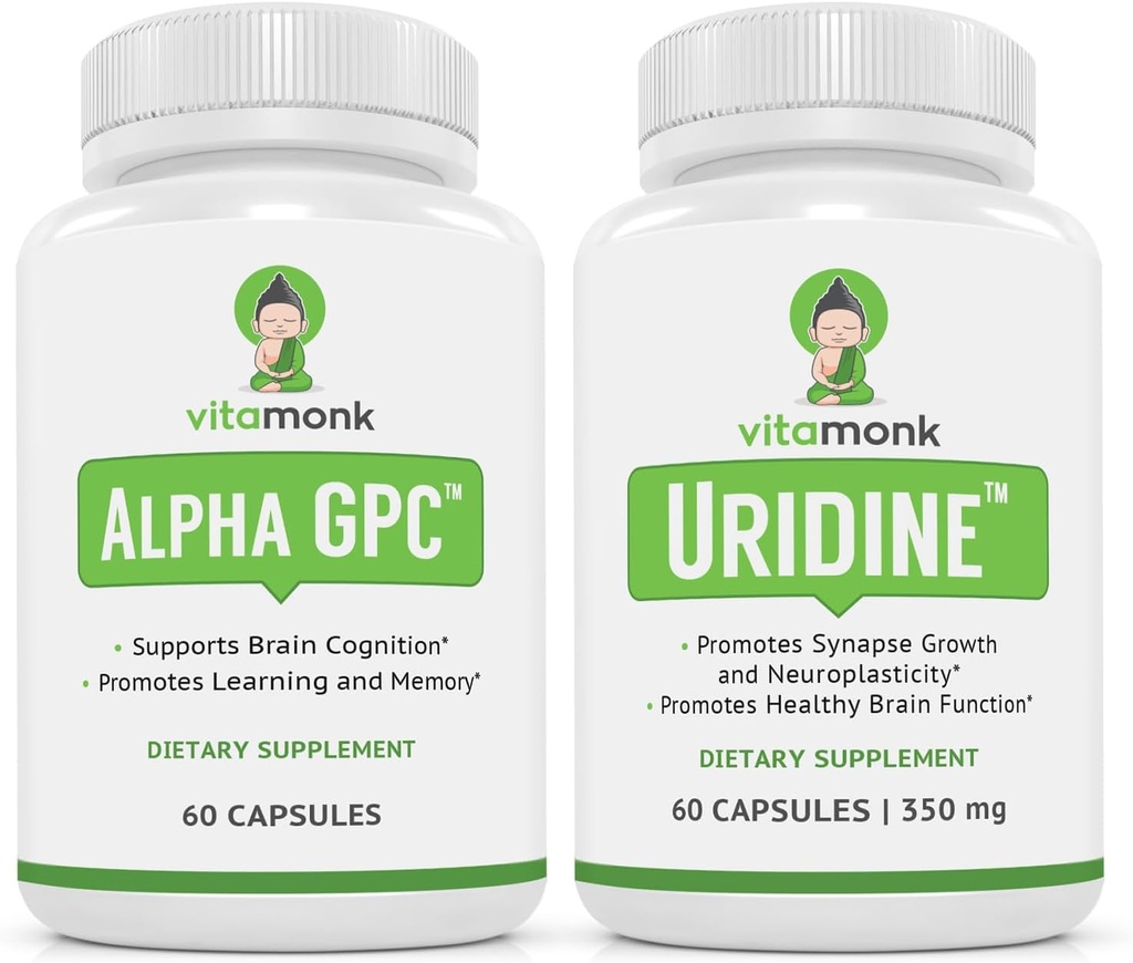VitaMonk Alpha GPC et Uridine Stack - Mr Happy Stack - Monophosphate d'uridine sans remplissage artificiel - Biodisponible Les suppléments de choline favorisent la cognition, le focus, la clarté mentale