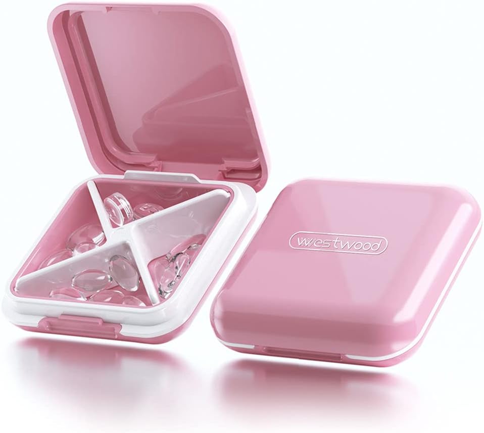 Petite boîte à pilules, cas de pilule de voyage, Dtouayz Portable Medicine Organizer, distributeur de vitamines et de médicaments, mignon porte-pilule quotidienne pour la purse ou la poche, étanche 4 compartiments