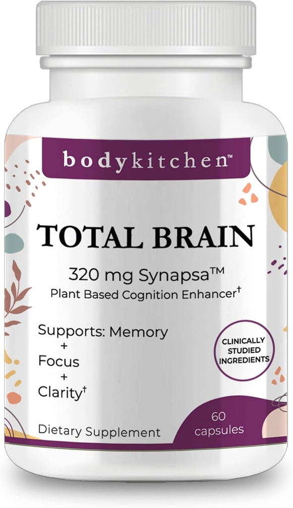 Body Kitchen Total Cerveau Supplément, soutient la mémoire accrue, la concentration et la clarté avec Bacopa, fruits de café et baies de cerveau, testés cliniquement, Caps de légumes, 60 comte