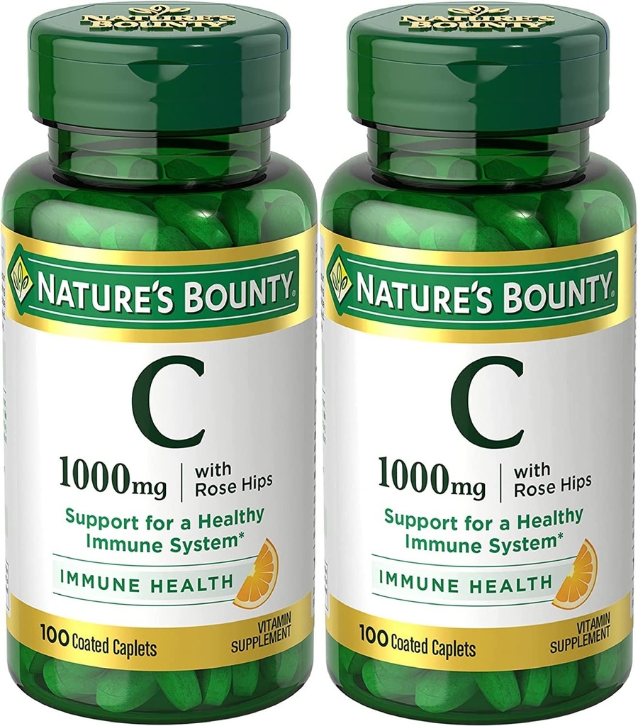 Nature's Bounty Vitamine C + Rose Hips, Immune Support, 1000mg, Caplets enduits, 100 Ct - Pack de 2