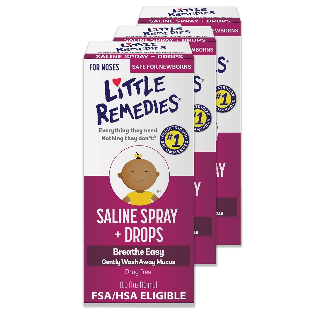 Little Remedies Stérile Baby Saline Spray et gouttes nasales, sans danger pour les nouveau-nés pour soulager les nezes farcies et sèches, 0,5 Fl Oz, boîte de 3