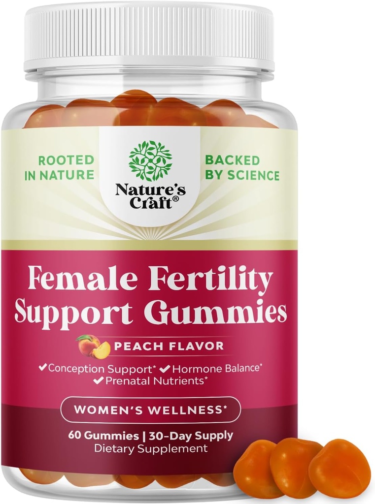 Gummies de fertilité pour les femmes qui essaient de concevoir - Supplément de fertilité pour les femmes avec l'acide folique Myo-Inositol et Vitex Chasteberry - Vegan non-OGM et sans gluten - pêche juteuse (30 portions)