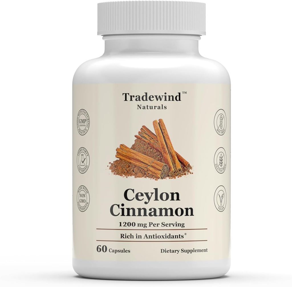 Ceylan Cinnamon 1200mg - Cinnamon Ceylan pur - Vegan - Non-OGM - Soutien de la santé cardiaque et cognitive - Riche en antioxydants - 60 capsules végétales - Fabriqué aux États-Unis