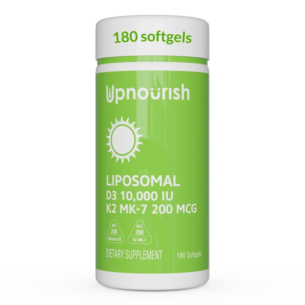 UpNourish Liposomal D3 K2 Vitamine 10000 UI D3 et K2 MK-7 200 mcg - 180 Vitamine D3 k2 (Vitamine D3 con K2) Mini Softgels - Facile à avaler K2 D3 Vitamine