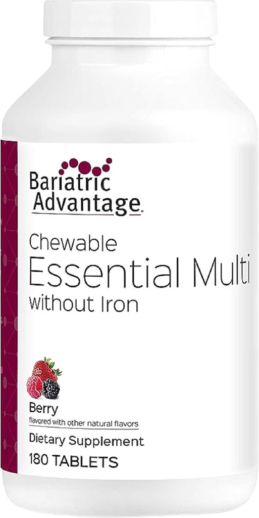Avantage bariatrique Multivitamine essentielle sans fer - 200 DV de nutriments clés - Trace Mineral Support - Multivitamines pour les patients bariatriques - Berry - 180 comprimés