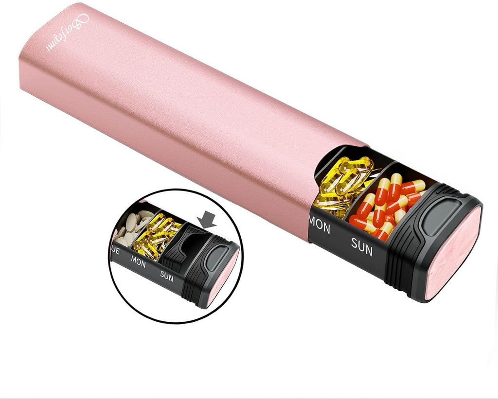 Metal Weekly Pill Organizer, Serfeymi Aluminium Quotidien Pill Box, 7 Day Pill Case Travel Medicine Organizer,Pill Containers(Spare Gasket) pour les vitamines, huiles de poisson,Pills, Supplément(NO LID)- Rose