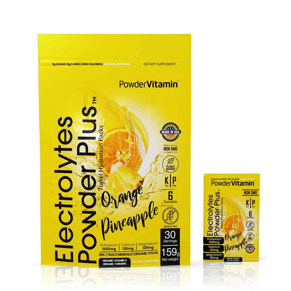 PoudreVitamine Electrolytes Poudre Plus, Céto, Ananas orange, Sans sucre, 1000mg Potassium, 120mg Calcium, 120mg Magnésium, Non-OGM, Calories Zéro, 30 Packs d'hydratation
