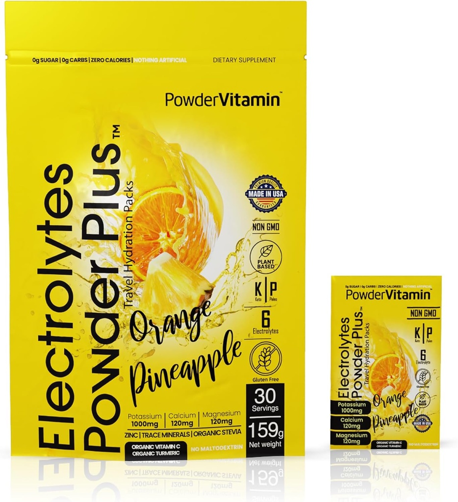 PoudreVitamine Electrolytes Poudre Plus, Céto, Ananas orange, Sans sucre, 1000mg Potassium, 120mg Calcium, 120mg Magnésium, Non-OGM, Calories Zéro, 30 Packs d'hydratation
