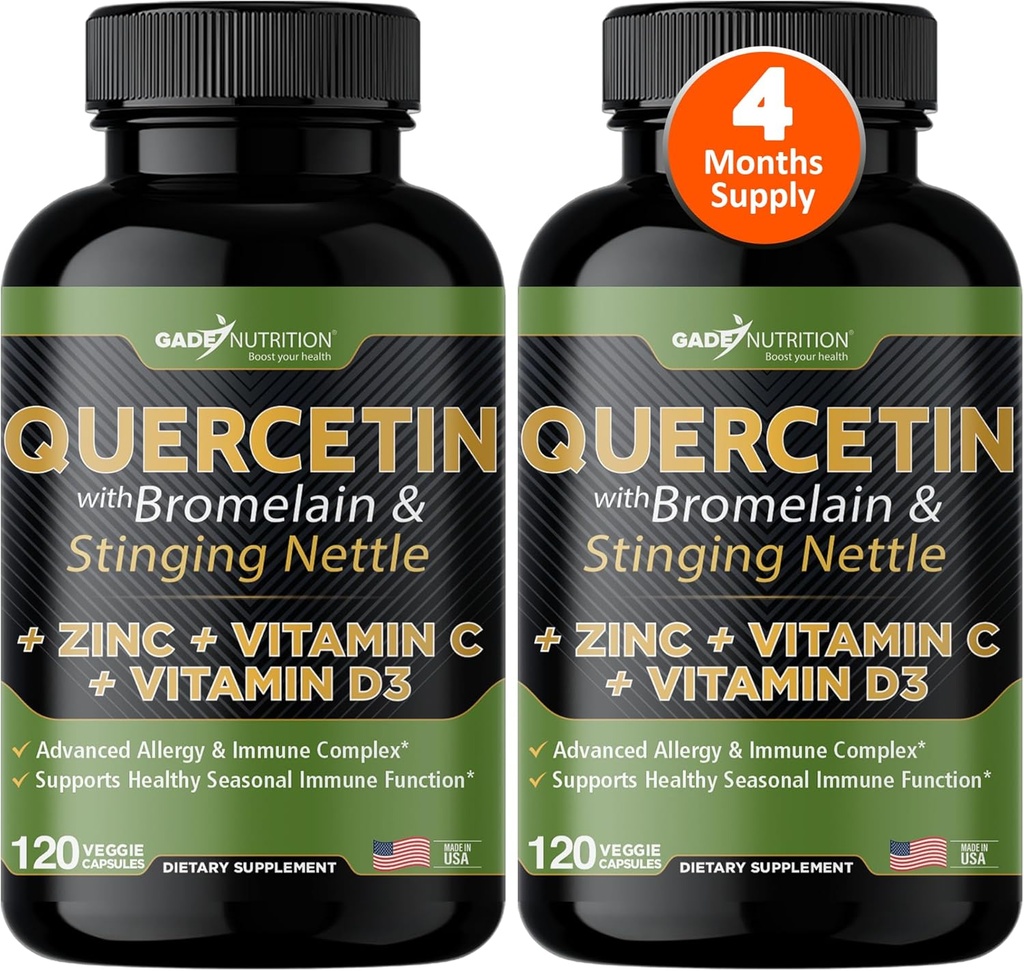 Gade Nutrition Quercetin avec vitamine C et zinc - Nettle Quercetin - Quercetin 500mg - Quercetin avec bromelain - Zinc Quercetin + vitamine D3-240 Bouchons de légumes - Non-OGM - Approvisionnement de 4 mois