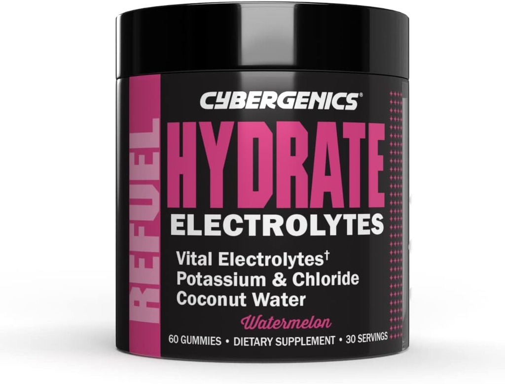 Gummies hydratantes, électrolytes vitaux, soutient la récupération, soutient l'hydratation, avec de l'eau de coco, du potassium et du chlorure, hydratation cellulaire, saveur de pastèque, 60 Gummies, 30 portions