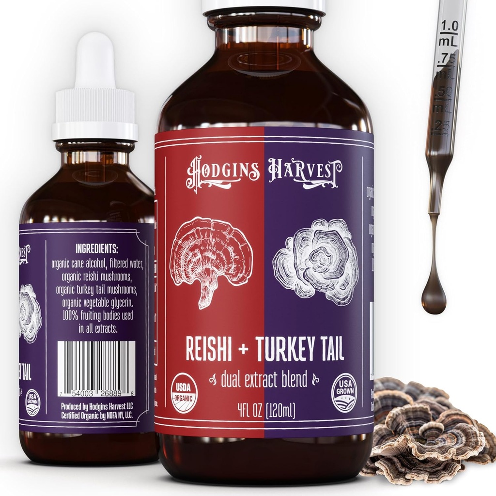 Hodgins Harvest Reishi + Turkey Tail Tincture | Made with Mushrooms Grown On Our Farm in The USA | Dual Extract | Extra-Concentrated (4 fl oz)