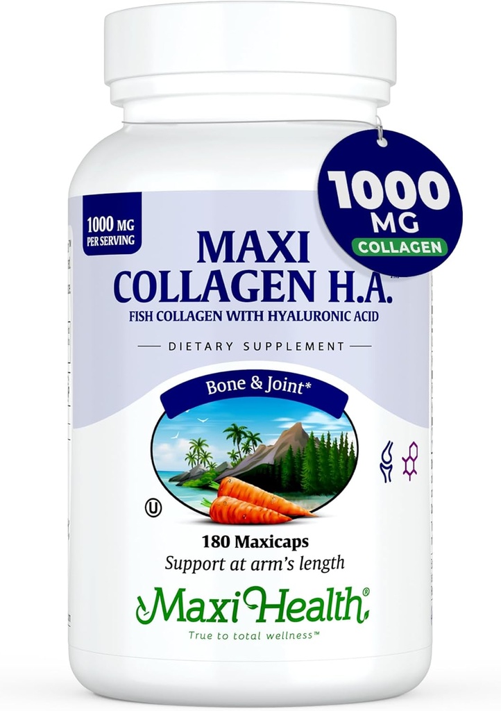 Maxi Health Marine Collagen Pills – 1000 mg de collagène de type 1 pour les femmes et les hommes avec supplément d'acide hyaluronique pour le soutien articulaire et cutané – Capsules casher propres et non aromatisées (180 Maxicaps)