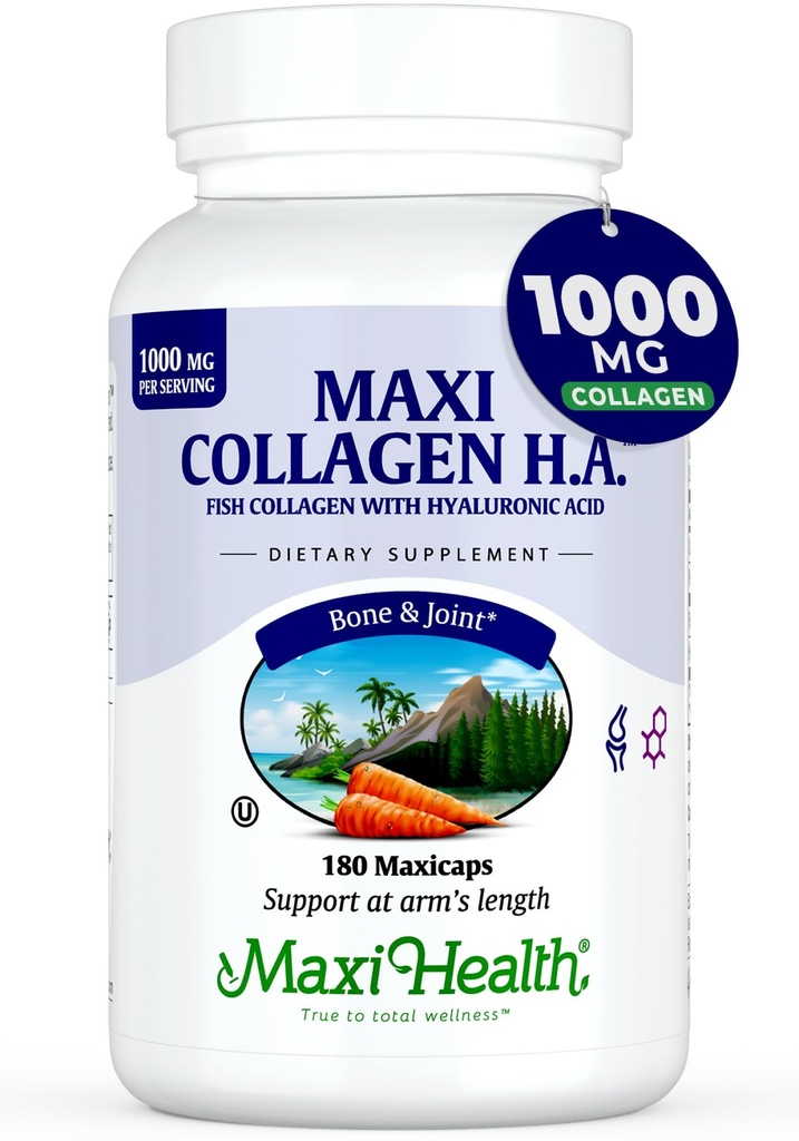 Maxi Health Marine Collagen Pills – 1000 mg de collagène de type 1 pour les femmes et les hommes avec supplément d'acide hyaluronique pour le soutien articulaire et cutané – Capsules casher propres et non aromatisées (180 Maxicaps)