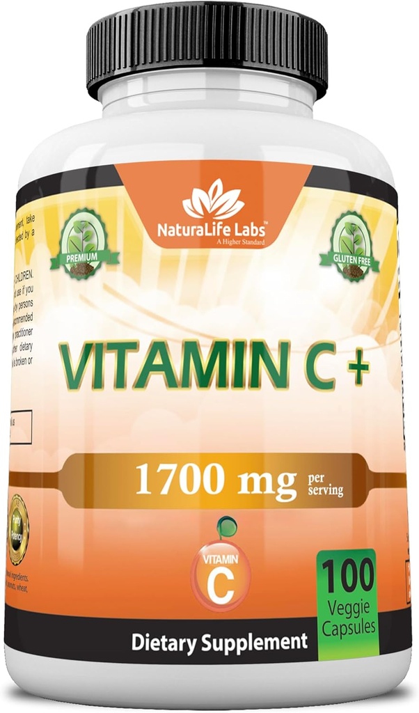 NaturaLife Labs Vitamine C avec vitamine D3, Zinc, Elderberry & Ginger Root – 1 700 mg par portion – 100 capsules, végétalien, non-OGM, sans gluten