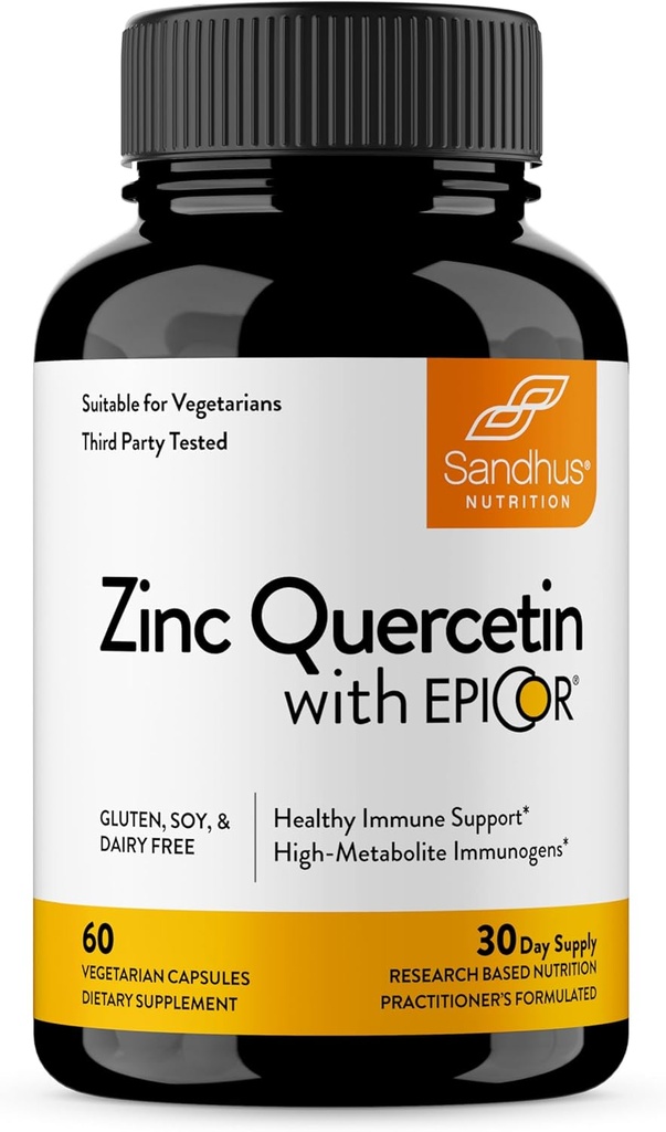 Sandhus Zinc Quercetin avec EpiCor 60 Capsules végétariennes - Supplément de zinc sans gluten - Support immunitaire haute puissance