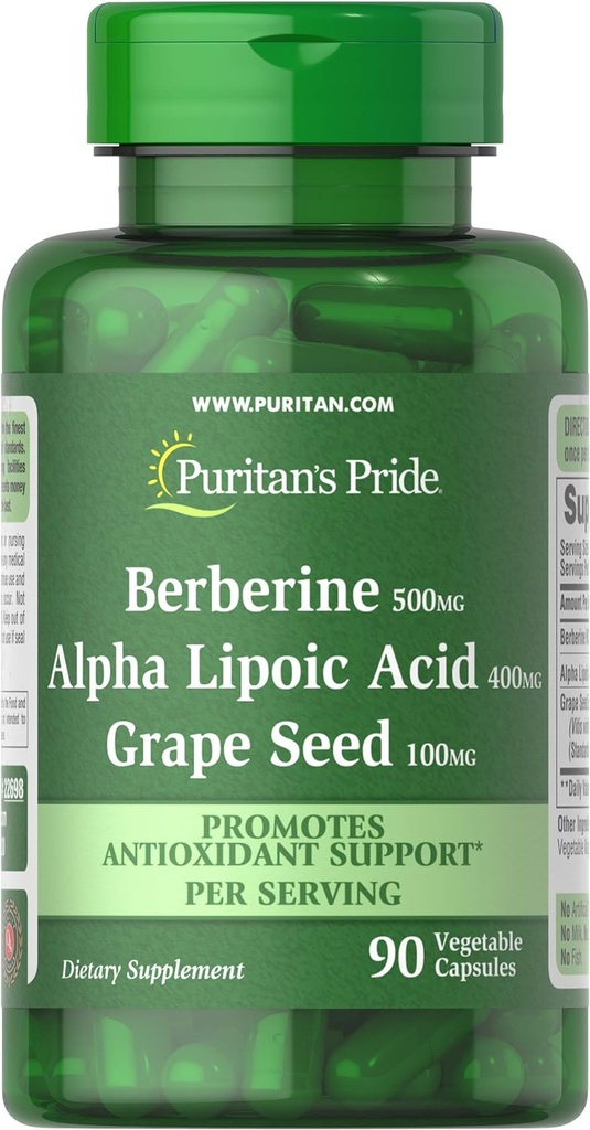 Pride de Puritan Berberine, acide alpha lipoïque et graines de raisin, favorise le soutien antioxydant, 90 capsules végétales