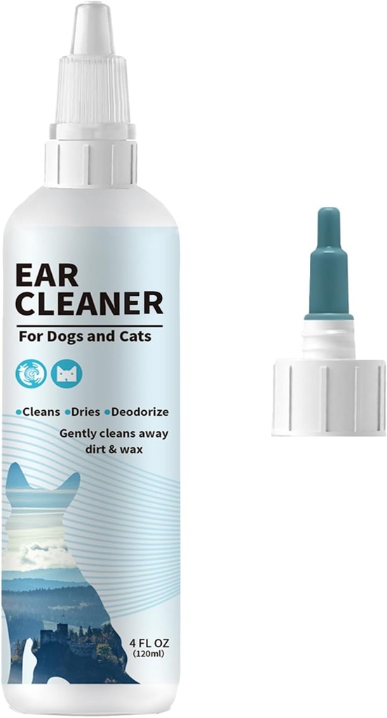 Nettoyeur d'oreilles pour chiens et chats – Solution otique douce pour chiens et chats – Lavage d'oreilles pour animaux pour la cire, les débris et l'odore – Relief démangeaison, formule non irritante – 4 oz