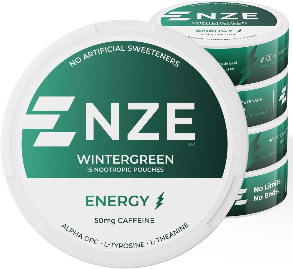 NZE Caffeine Pochettes Nootropiques (Hintergreen) - Pochettes énergétiques avec 50 mg de caféine, Alpha GPC, L-Tyrosine et L-Theanine sans sucre ou édulcorants artificiels - 15 Pochettes par boîte - 5 Pack