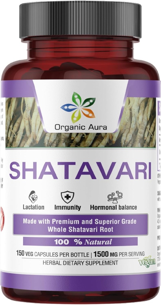 Capsules Aura Shatavari Organiques.150 Capsules de Veg. 1500 mg par portion. Excellent Herb soutient la santé génésique et immunitaire des femmes et comme supplément d'allaitement. Supplément à base de plantes 100% naturel.