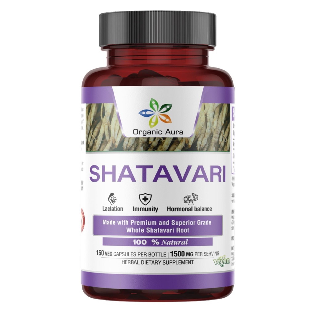 Capsules Aura Shatavari Organiques.150 Capsules de Veg. 1500 mg par portion. Excellent Herb soutient la santé génésique et immunitaire des femmes et comme supplément d'allaitement. Supplément à base de plantes 100% naturel.