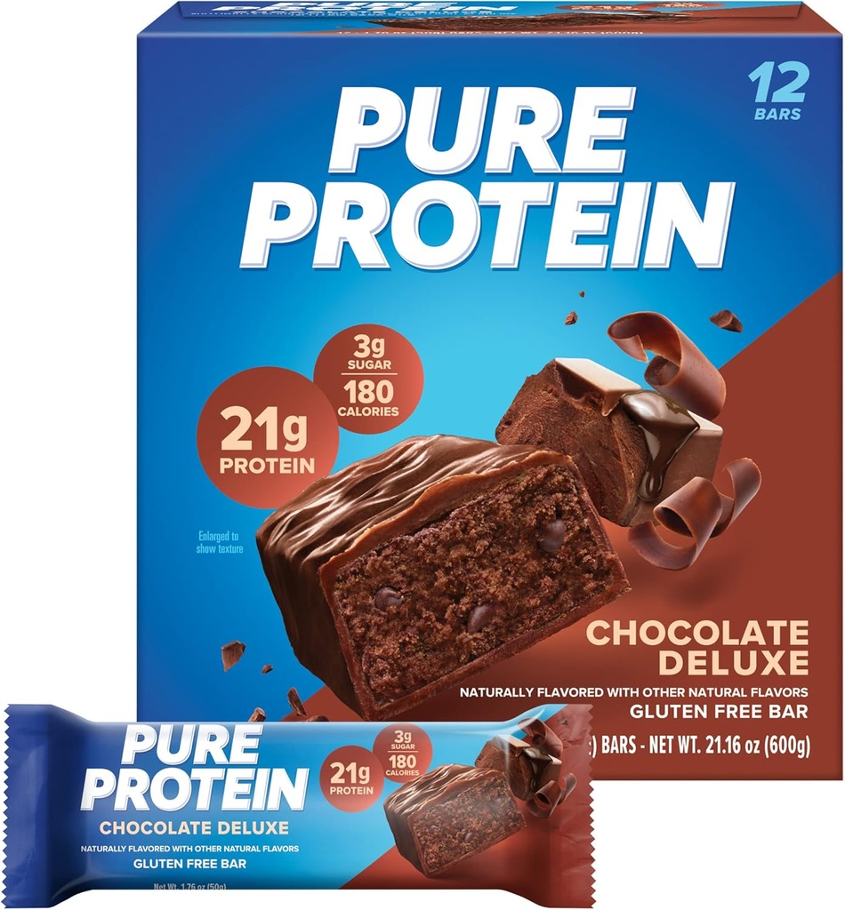 Pure Protein Bars, High Protein, Nutritious Snacks to Support Energy, Low Sugar, Gluten Free, Chocolate Deluxe, 1.76 oz., 12 Count(Pack of 1) (Packaging may vary)