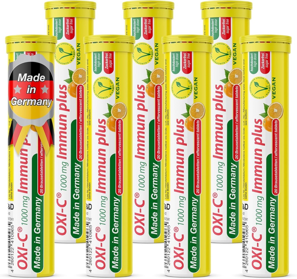 T&D Oxi C 1000 mg Vitamine C - 140 comprimés effervescents à boisson végane - Arôme orange - Fabriqué en Allemagne