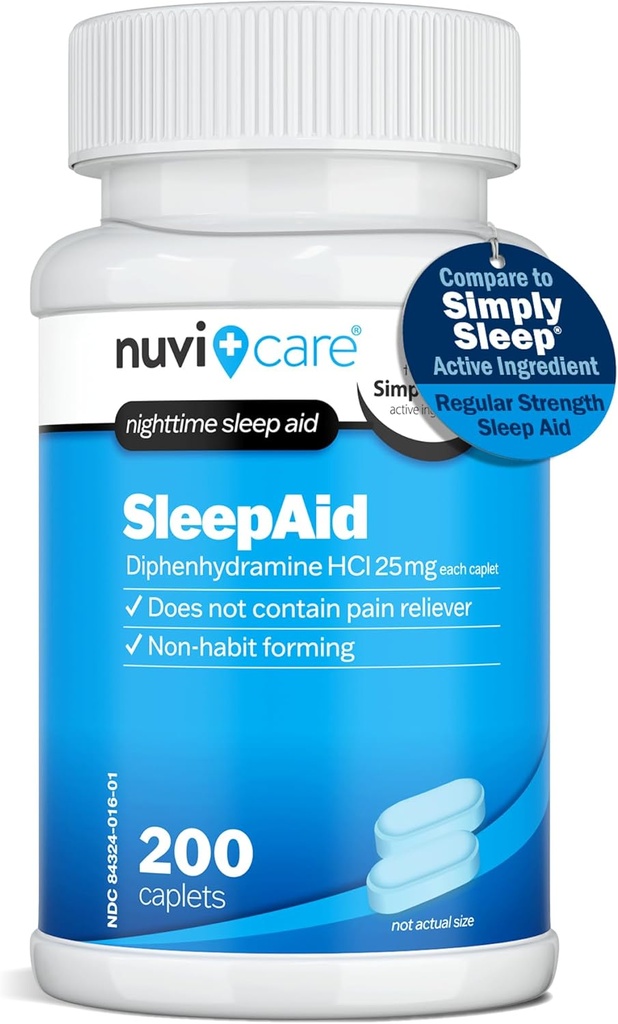 Aide au sommeil pendant la nuit avec la diphénhydramine HCl 25 mg - Non Habit formant une force régulière Pilules de sommeil pour adultes - Ne contient pas de soulagement de la douleur - Aides au sommeil en CTO pour adultes (200 Caplets)