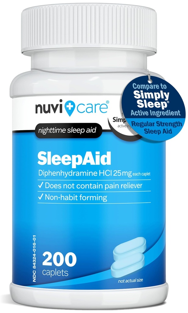 Aide au sommeil pendant la nuit avec la diphénhydramine HCl 25 mg - Non Habit formant une force régulière Pilules de sommeil pour adultes - Ne contient pas de soulagement de la douleur - Aides au sommeil en CTO pour adultes (200 Caplets)