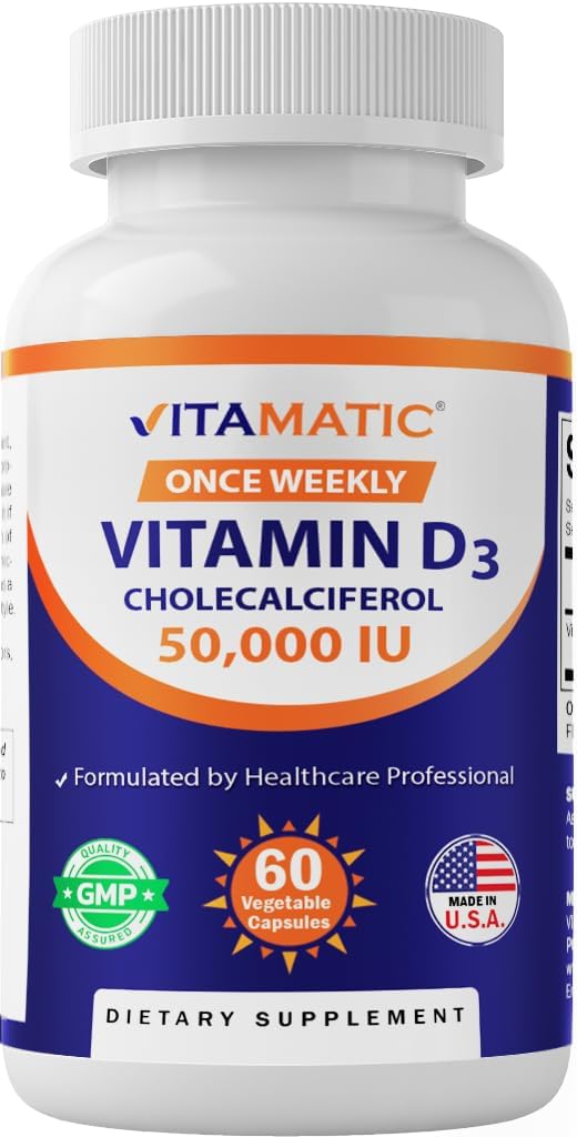 Vitamine Vitamatique D3 50 000 UI (sous forme de Cholecalciferol), Dose hebdomadaire, 1250 mcg, 60 Capsules de Veggie 1 an d'approvisionnement, Formule progressive aidant à combler les carences en vitamine D (60 Nombre (paquet de 1))