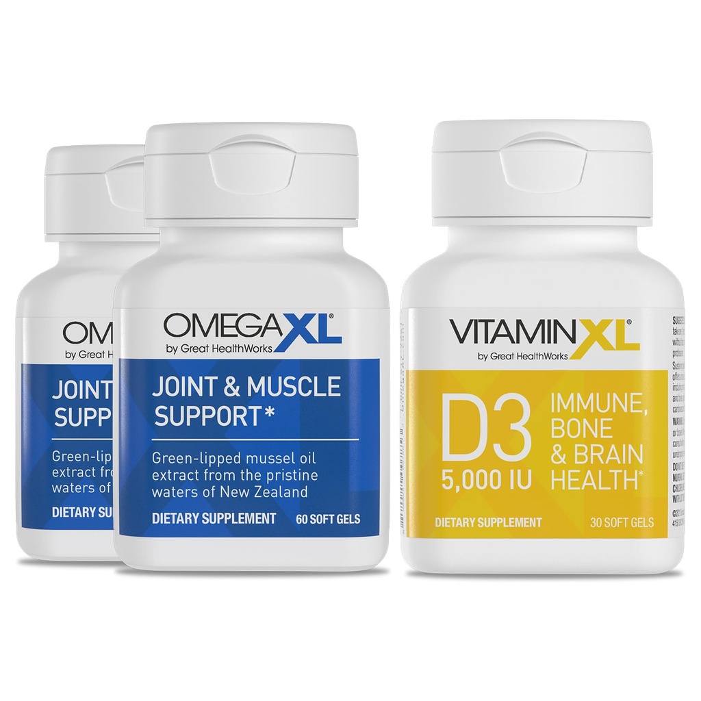 Supplément de soutien de joint OmegaXL - Soutien naturel Muscle/Immune, 60 Softgels (2 Pack) et VitamineXL D3 Haute puissance Vitamine D 5000 UI 125mcg Supplément quotidien (30 Softgels)