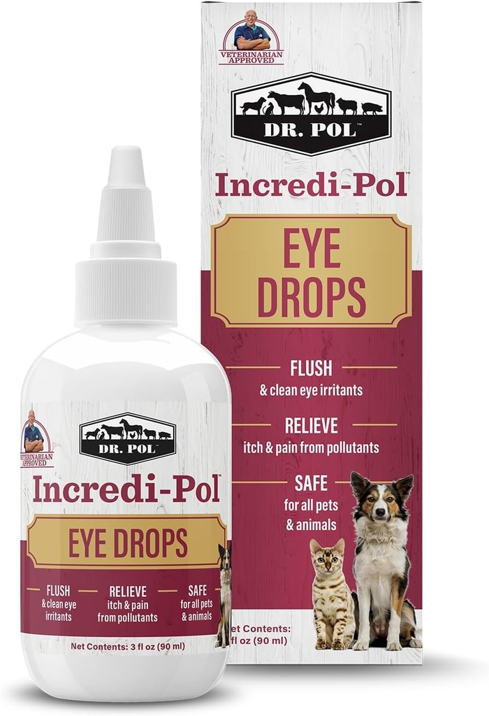 Dr Pol Incredi-Pol gouttes pour les yeux pour les chiens, les chats et tous les animaux - gouttes pour les yeux de chien pour les irritants oculaires flush et purs - Soin doux et soulagement apaisant pour le malaise oculaire - 3 onces fluides