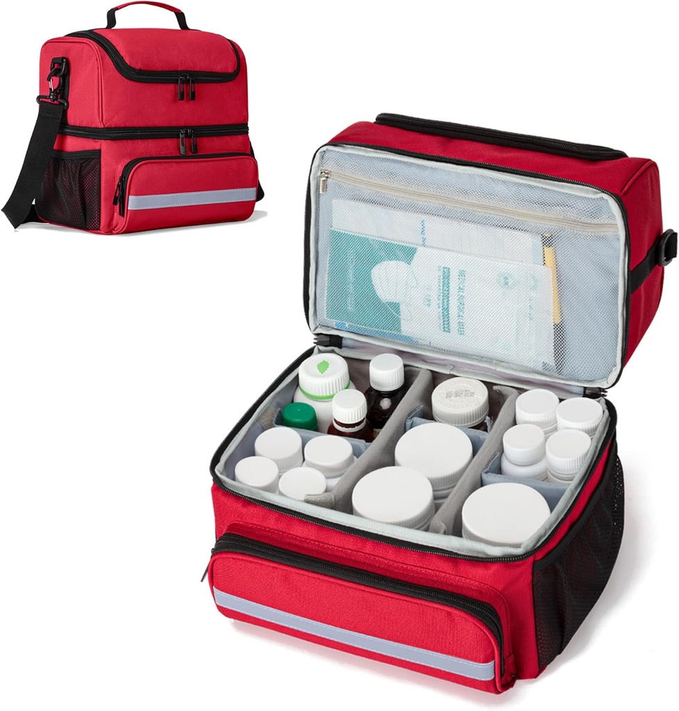 CURMIO Sac de rangement en double couche pour médicaments, sac d'organisateur de bouteilles de pilules avec séparateurs intérieurs, sac de voyage pour médicaments pour vitamines, suppléments, bouteilles d'ordonnance, fournitures médicales, rouge (conception du brevet)