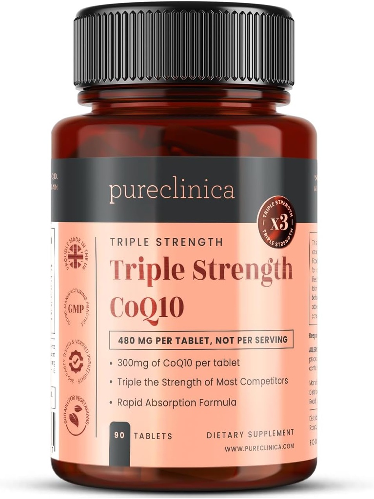 purclinica Fermented CoQ10 300mg x 90 comprimés. Non OGM, grade USP. avec supplément de vitamine C et extrait de poivre noir pour l'absorption.