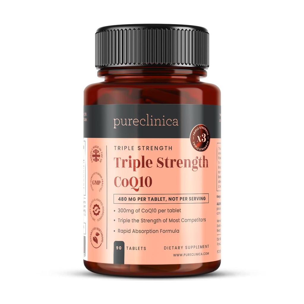 purclinica Fermented CoQ10 300mg x 90 comprimés. Non OGM, grade USP. avec supplément de vitamine C et extrait de poivre noir pour l'absorption.