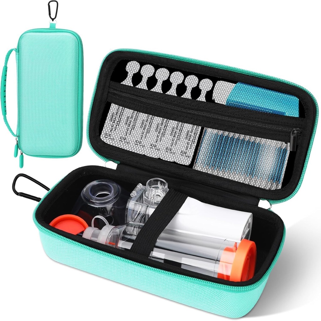 Cas d'inhalateur d'asthme, organisateur de nébuliseur portable, prêt à voyager avec la poche en mesh, double fermeture éclair, poignée en silicone, enfants et adultes, vert élégant