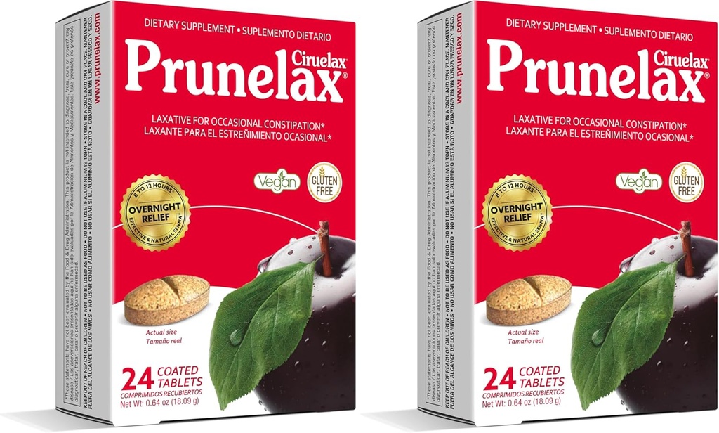 Prunelax Ciruelax Comprimés laxatifs à force régulière - Laxatifs à base d'ingrédient naturel pour la constipation occasionnelle, le soulagement de nuit prévisible avec des extraits de feuilles de Senna, 8-12 Hr à action rapide - 24ct