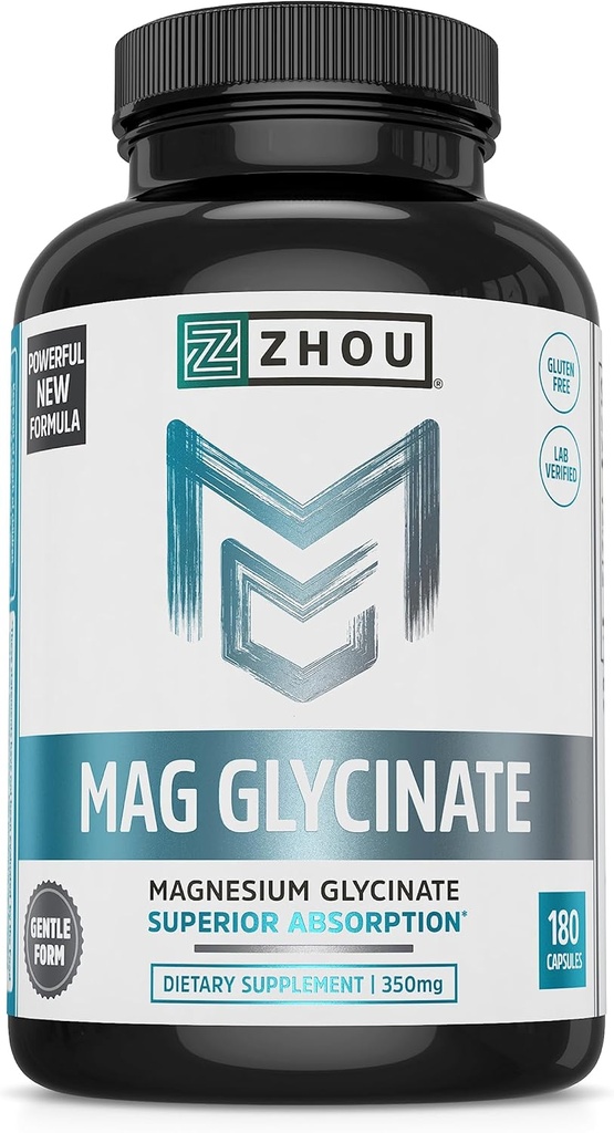 Zhou Magnésium Glycinate - Supplément Glycénate Mag pur pour les hommes et les femmes, Aide naturelle au sommeil, Soutien de santé cardiaque, Relaxation musculaire et Vitalité - 180 Capsules Vegan Friendly