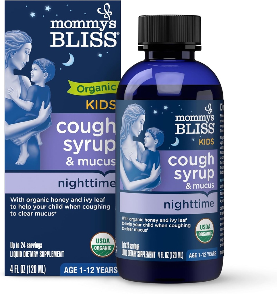 Sirop de toux et de mucus biologiques pour les enfants de maman Bliss pour la nuit, l'agave et le miel, feuille Ivy, zinc, vitamine C, + mélange de nuit Herbal, 4 Fl z