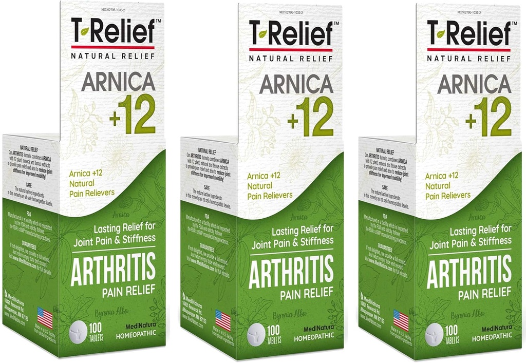 T-Relief Extra Strength Arthritis Pain Reliever Arnica +12 médicaments naturels pour les douleurs articulaires douleurs, la dissolution rapide soulagement de la douleur pour les femmes et les hommes - 100 comprimés (paquet de 3)