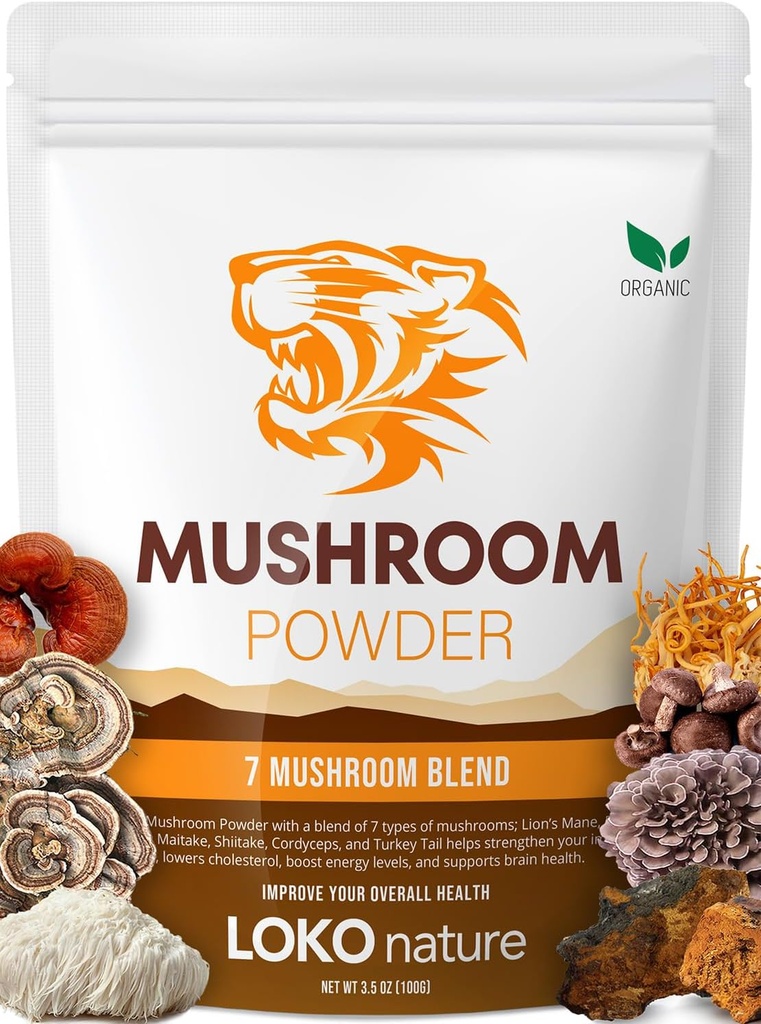 Extrait de poudre de champignons Tigre 7 - 3,5 oz (100g) Mélange d'ingrédients naturels - Lions Mane, Turquie Tail, Maitake, Shiitake, Reishi, Chaga & Cordyceps