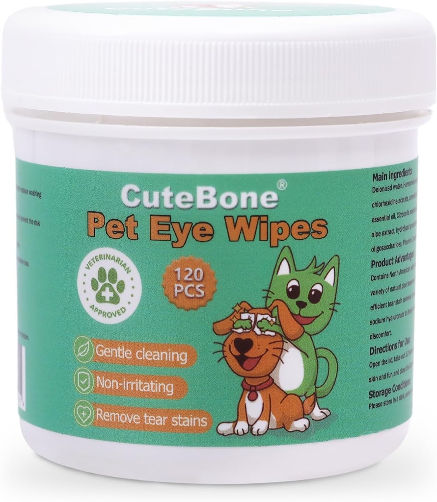 Wipes pour les yeux d'animaux de compagnie CuteBone 120 Compte - Wipes de nettoyage des yeux doux et apaisants pour chiens et chats, élimine la dîme, les staines et les débris, prévient les infections oculaires, ingrédients naturels, sûr et facile à utiliser