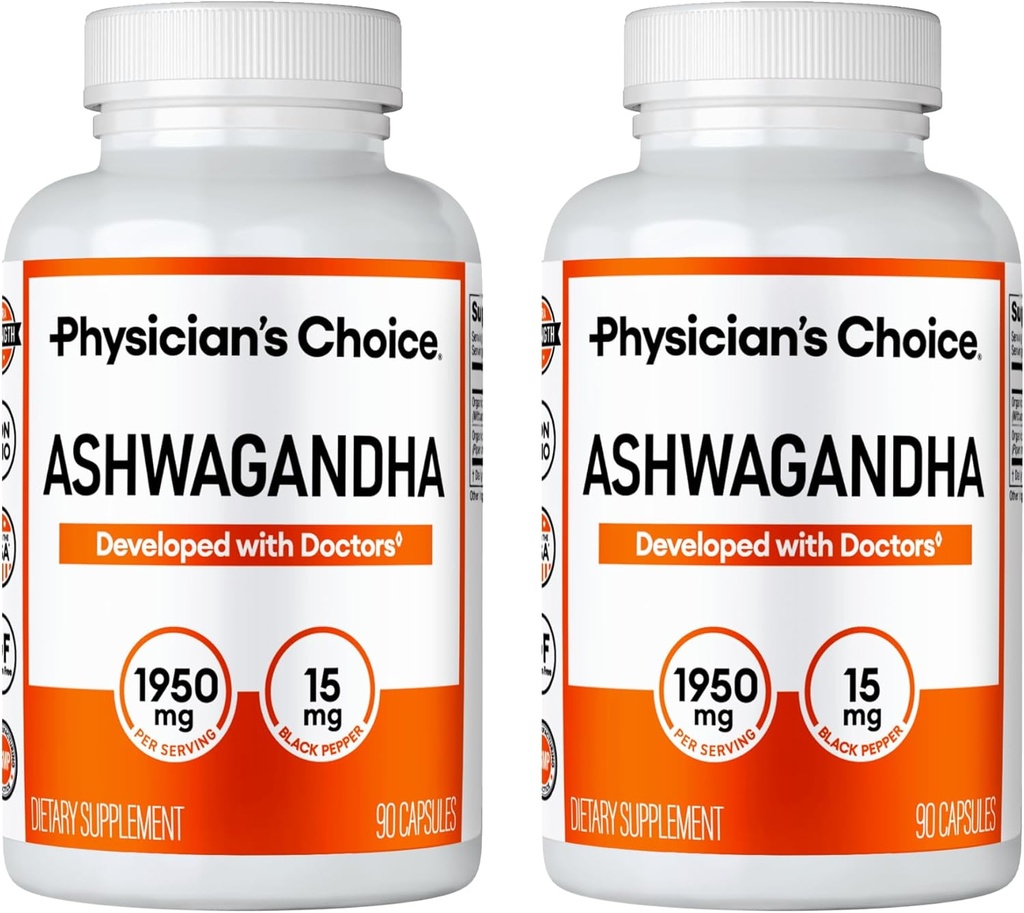 CHOICE de médecin Ashwagandha 1950mg Poudre de racine biologique Ashwagandha avec extrait de poivre noir, support de stress, supplément de soutien d'humeur, 90 capsules de Veggie Ashwagandha - 2 PCK