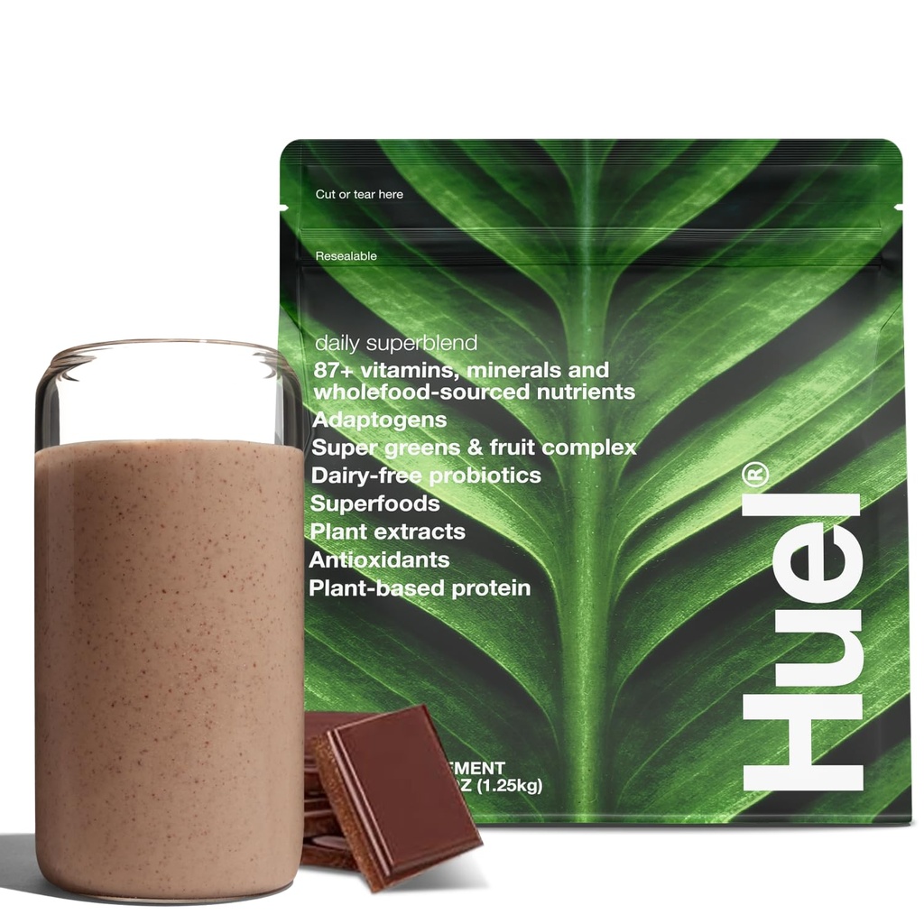 Huel Daily Superblend Chocolat Poudre de 25g Protéines végétales Super Greens Poudre de 87 Vitamines, minéraux et ingrédients d'origine alimentaire entière.