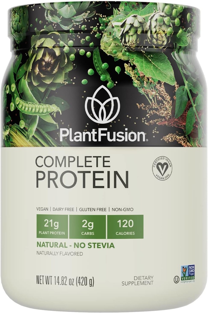 PlantFusion Poudre complète de protéines végétales - Poudre végétale de protéines avec BCAA, enzymes digestives et protéines de pois - Keto, sans gluten, non laitiers, sans sucre, non OGM - Natural-No Stevia 0,93 lb