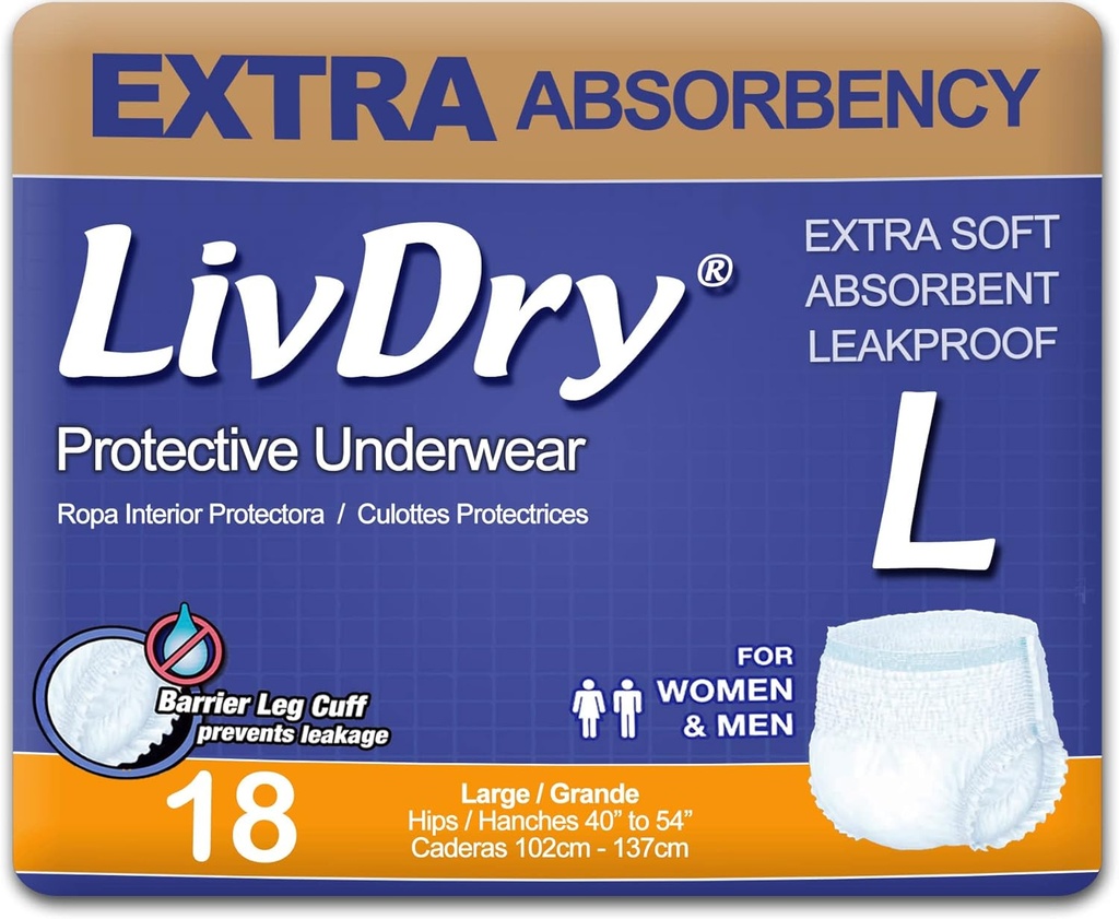Sous-vêtements d'incontinence pour adultes LivDry, couches pour adultes supplémentaires, protection contre les fuites, grand paquet de 18