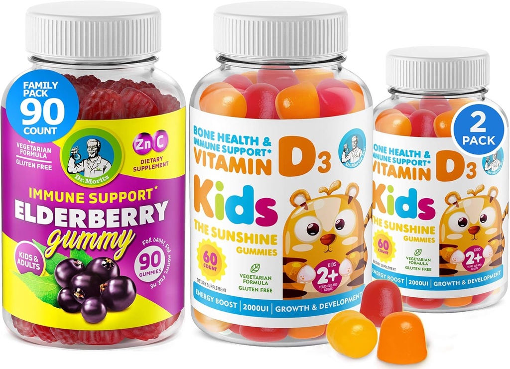 Vitamine D Gummies and Elderberry Gummies - Immunity Mega Boost pour les enfants et les adultes - Végétarien sans vitamines pour les enfants