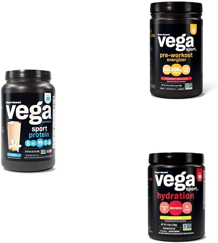 Trousse de routine Vega Sport - Poudre de protéines de vanille de qualité supérieure (20 portions) Lemonade de fraise Pré-entraînement Energizer (25 portions) et Hydratation par électrolyte de lemonade (50 portions)