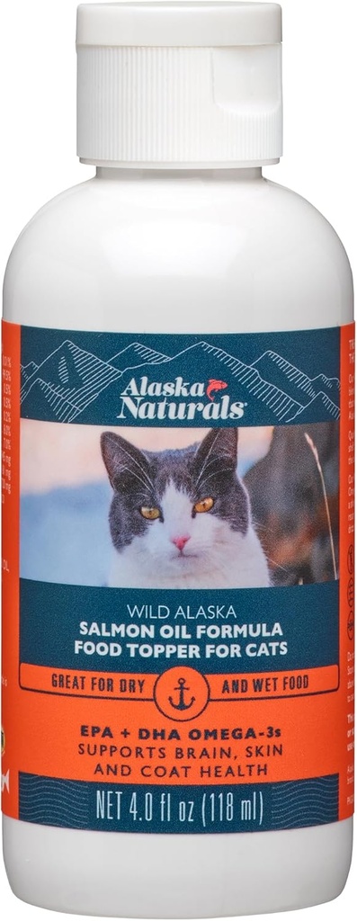 Alaska Naturals – Wild Alaska Salmon Oil Formula Cat Food Topper – EPA et DHA Omega-3 - Supplément pour les chats peau saine, manteau brillant – Fabriqué aux États-Unis – bouteille de 4 oz