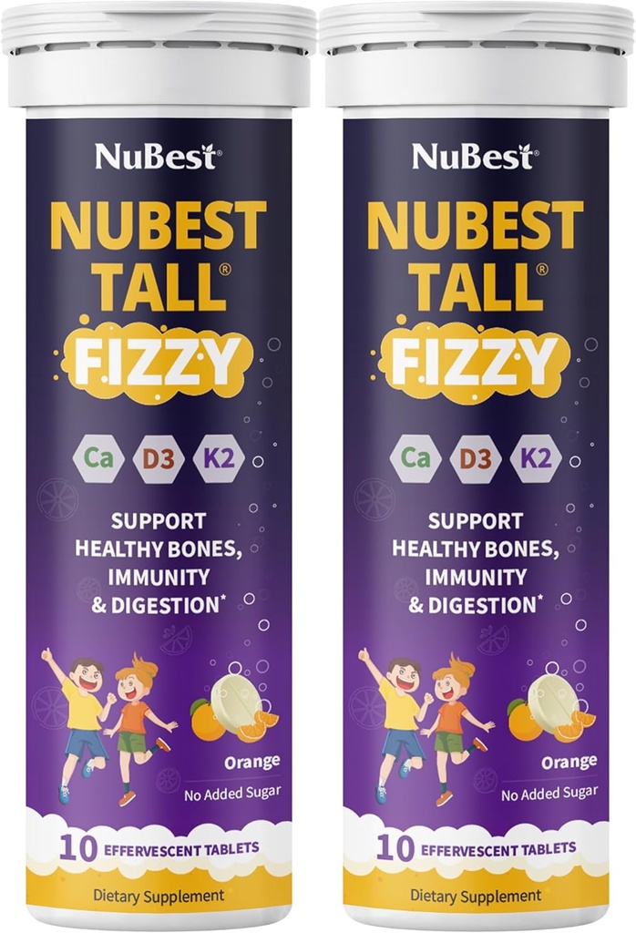 NuBest Tall Fizzy: Force osseuse, immunité, santé digestive pour les enfants de 4 ans et plus et les adolescents: Probiotique, Calcium, Magnésium des algues marines rouges, Vitamines: 20 comprimés orange effervescents: Pack 2