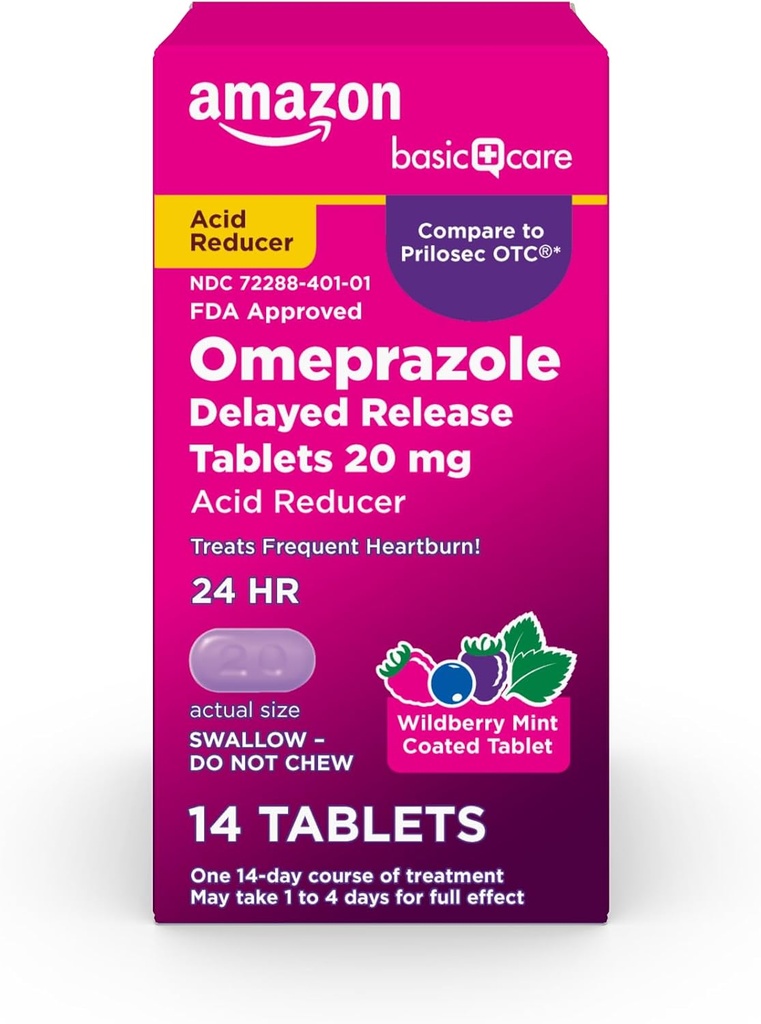   Basic Care Omeprazole Delayed Release Tablets 20 mg, Acid Reducer, Wildberry Mint Coated Tablet, 14 Count